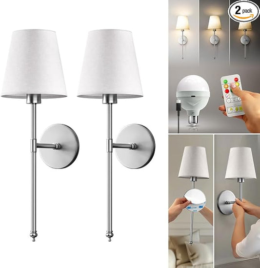 Set of 2 Wireless Wall - Stick-On or Screw Mount for Easy Installation, Rechargeable LED Bulbs, Remote Controlled, Adjustable Brightness, The Original Wireless Wall Lamps (Silver)