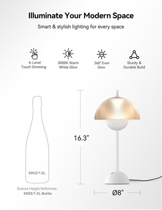 Tubicen Flowerpot Bedside Table Lamp Plug in Decorative Transparent Striped Mushroom Table Lamp Memory Function Modern LED 4-Stage Touch Dimmable Desk Table Lamps for NightStands Bedroom Home Office