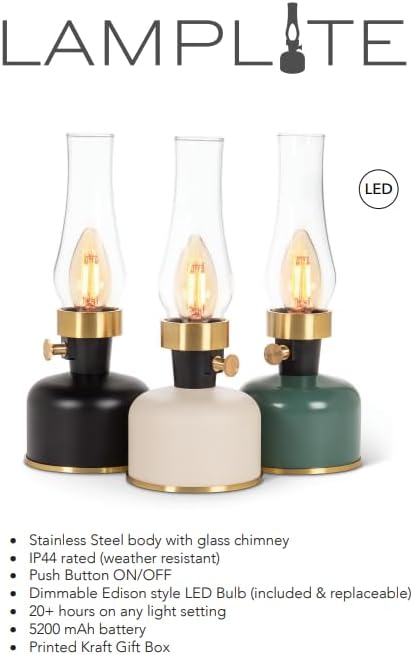 Abbott Collection Lantern LED Lamp with Chimney, Portable Table Light - Metal/Glass, Black (10.5" H)