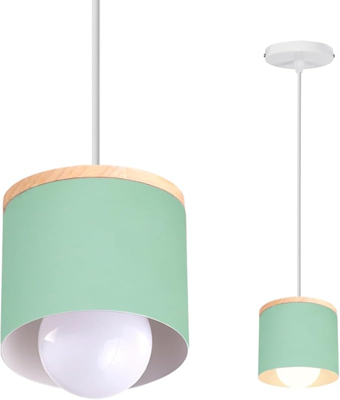 Scandinavian Style E27 Ceiling Light Fixture - Retro Wood and Iron Pendant Lamp for Bedroom, Dining Room, Kitchen - 12cm Black(# Verde.)
