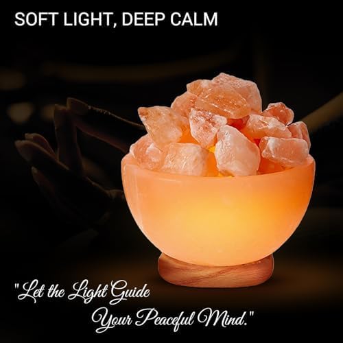 Himalayan Glow Pink Salt Bowl Night Lamp with Crystal Himalayan Salt Chunks | Hand-Carved Himalayan Salt Lamp for Air Purification and Relaxing Ambiance