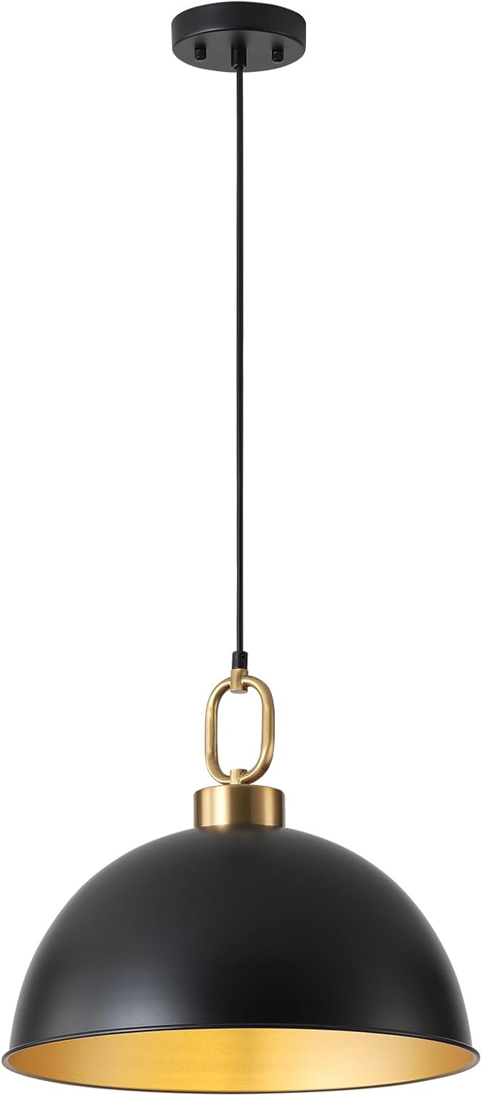 16.1" Large Farmhouse Pendant Lights Kitchen Island, Industrial Dome Pendant Light Fixture, Matte Black with Gold Handle Adjustable Height Hanging Island Light for Dining Room,Kitchen,Cafe
