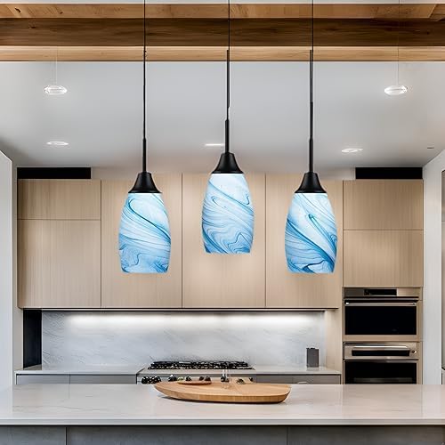 Mini Glass Pendant Light 4.72" with Handblown Blue Marble Art Glass Hanging Light 3-Pack Oval Ceiling Hanging Light Fixture for Dining Room Kitchen Island Cafe Foyer Hallway