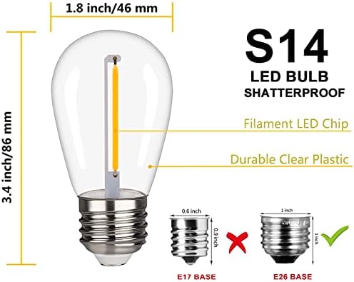 KGC Plastic S14 Replacement LED Edison Bulbs -1W Equivalent to 10W 2200K, No Glass Shatterproof & Waterproof LED Bulbs for Outdoor String Light, E26 Base Vintage LED Edison Filament Bulb (15 Pack)