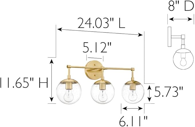 Design House Gracelyn 3-Light Dimmable Bathroom Vanity Light, Seeded Glass, Satin Gold, 24.03 in W x 8 in D x 11.65 in H, 588889-SG