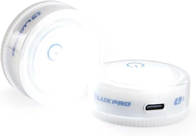 LUXPRO Waterproof Micro LED Rechargeable Puck Lights - Adhesive Lighting Ideal for Under Cabinets, in Tackle Boxes, or On Bookcases - Compact Rechargeable Push Tap Light - 2 Pack (Rechargable)