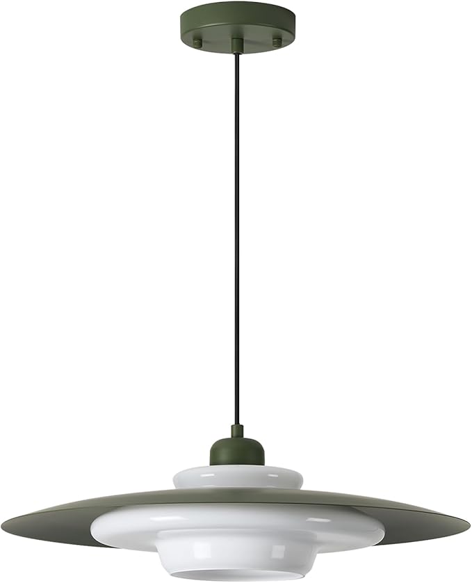 TeHenoo Mid Century Pendant Lights,Deep Green Shade,Milk White Glass,Adjustable Modern Large Pendant Lighting for Kitchen,Dining Room,Living Room