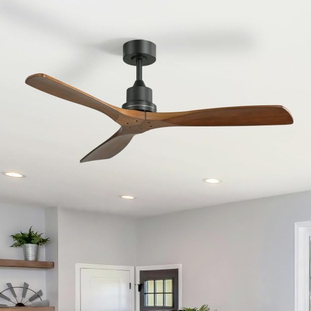 Wood 52 Inch Solid Wood Ceiling Fan without Light 3 Blades Ceiling Fan No Light with Remote, 6 Speeds with Reversible DC Motor for Living Room Bedroom Patio With Cover