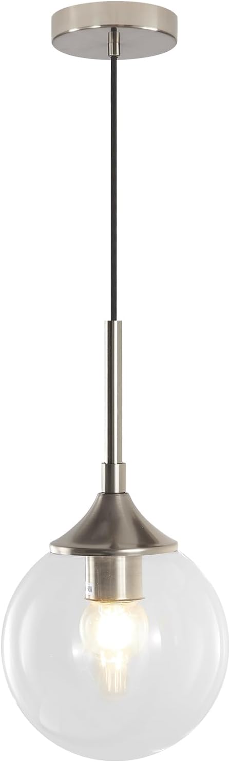 KCO Lighting 7.1” Glass Globe Pendant Light Brushed Nickel Ceiling Light Fixture Mid Century Modern Pendant Lights Kitchen Island Small Bubble Glass Pendant Light