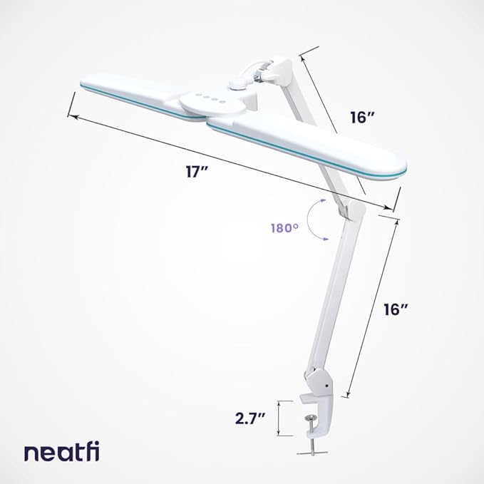 Neatfi Elite HD XL LED Desk Lamp, 3 Light Modes, 90PCS SMD LED, Non-Polar Dimming, Bright Eye-Caring Lighting for Home Office, Drafting, Beauty Shop, Workbench (CCT with Clamp, Blue Ring, 17 Inches)