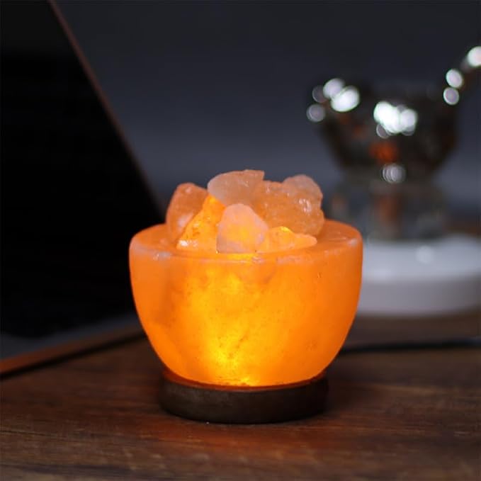 Himalayan Salt Lamp with USB Power, Natural Shape, Color-Changing LED and Warm White Light, Wooden Base Night Light (J, Monochrome)