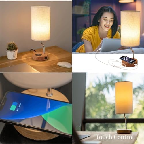 Set of 2 Smart Bedside Table Lamp with Wireless Charger & USB Port - Touch Control LED Desk Lamp for Bedroom, Dimmable Wooden Nightstand Lamp with Fabric Shade for Living Room, Kid's Room, (Cream)
