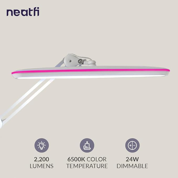 Neatfi XL LED Desk Lamp with Clamp – 2,200 Lumens, 23” Wide, Dimmable Task Light for Office, Study, Crafting & Nail Techs (Non-CCT with Clamp, White with Pink Ring)