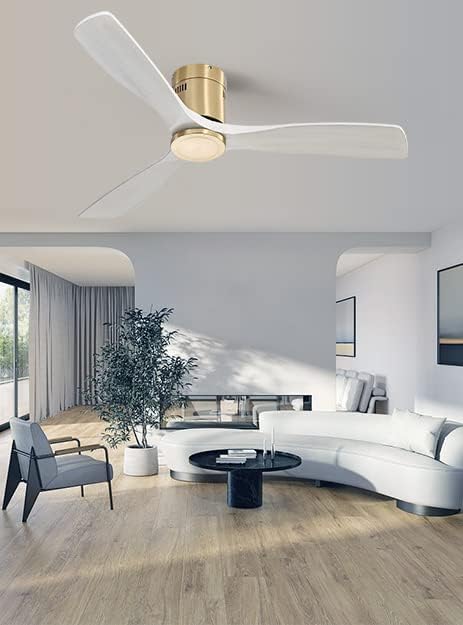 52'' Low Profile Ceiling Fans No Light with Remote Control, Flush Mount Ceiling Fan Without Lights,Outdoor Ceiling Fan for Patios Noiseless DC Motor,White wood blades Golden body