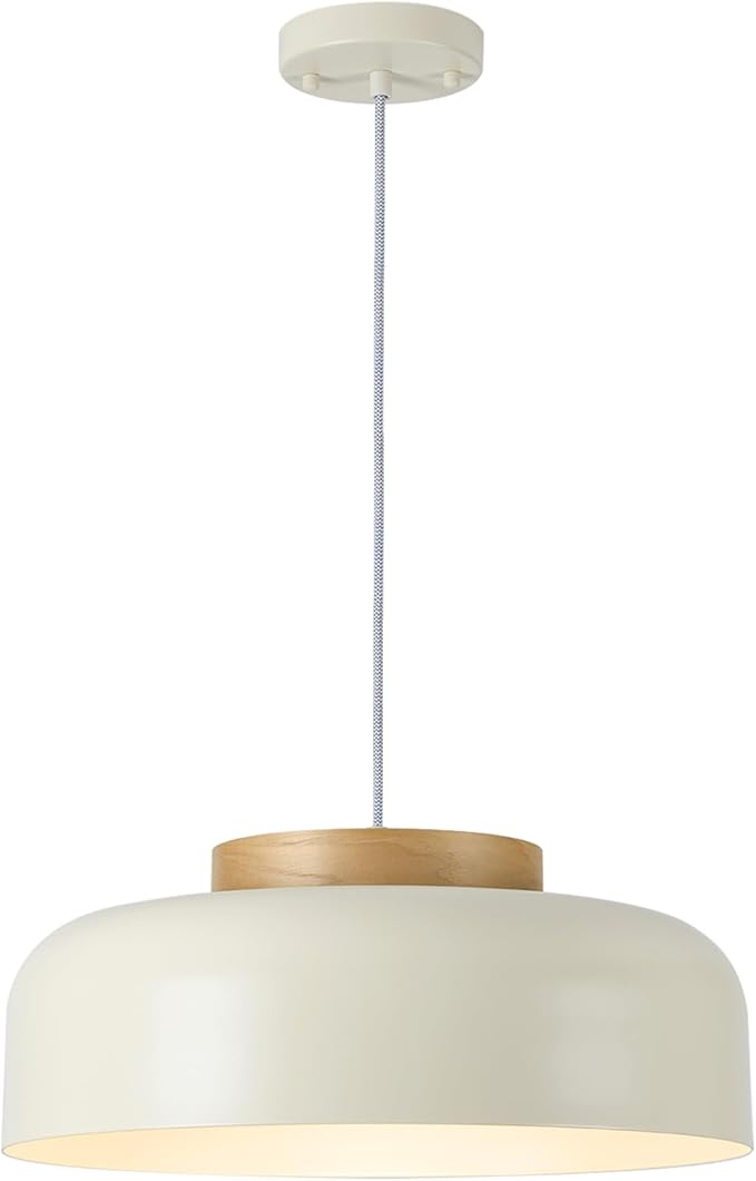 Modern Large Pendant Light, 17.7 inch,Cream Lampshade,Natural Wood,Simple Chandelier for Dining Room,Kitchen Table