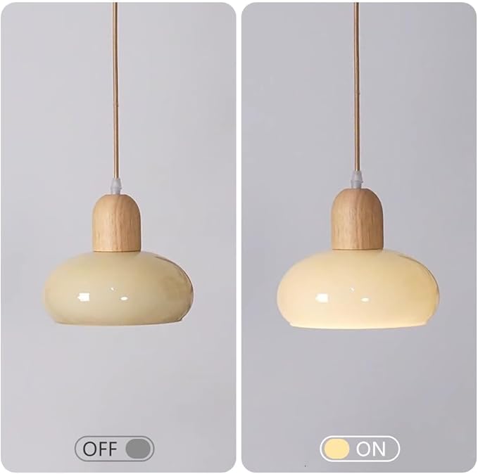 Glass Dome Pendant Light Cream Glass Hanging Ceiling Lamp Kitchen Island Pendant Lighting, Modern Wood Suspended Lights for Dining Table Bedroom Living Room Restaurant 7.87″ Pendant Lamps