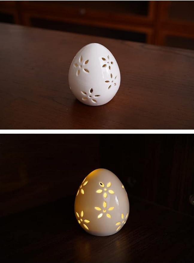 Easter Egg White Egg LED Lights Lamp for Party Favors, Procelain Egg with Flower Hollowed Easter Home Decor Table Centerpiece Mantels Rabbit Bunny Accessories Ornament