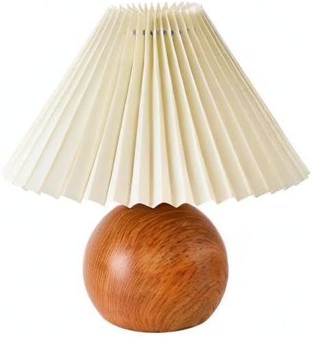 KUNJOULAM Cute Small Pleated Lamp, Modern Bedside Nightstand Light with Beige Lampshade, Wooden Pattern Metal Base Desk Lamp for Bedroom, Home Office, Living Room