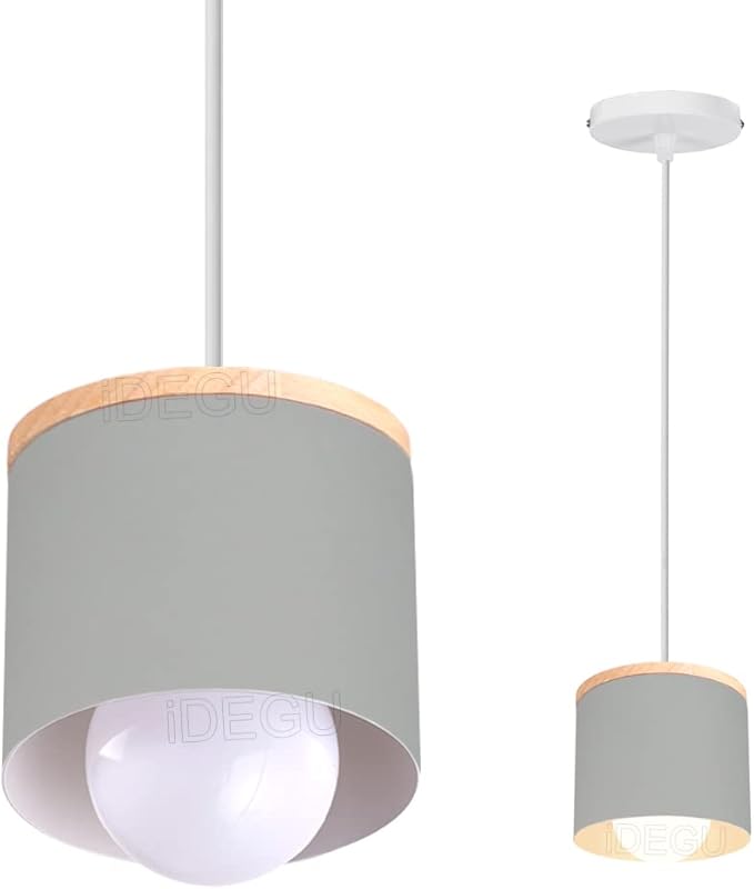 Scandinavian Style E27 Ceiling Light Fixture - Retro Wood and Iron Pendant Lamp for Bedroom, Dining Room, Kitchen - 12cm Black(# Gris)