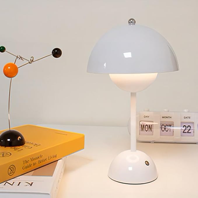 Vintage Style Dome Table Lamp, W,Crystal Flowerpot Table Lamp Portable Cordless Mushroom Lamp | Mushroom Lamp Cordless | Touch-Enabled Nordic | Portable Art Deco (White)