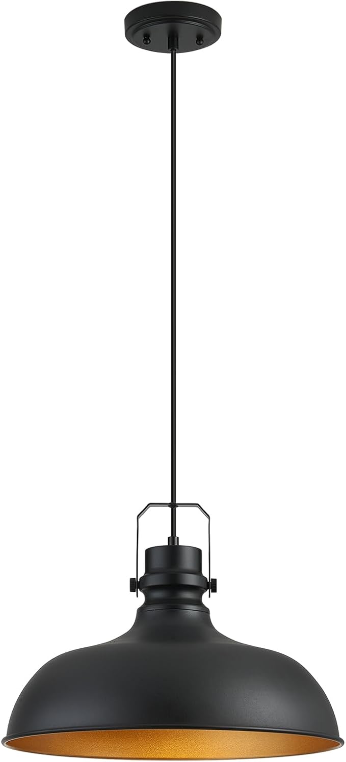 Black Farmhouse Pendant Lights 16 Inch Matte Pendant Lighting for Kitchen Island Industrial Adjustable Height Vintage Dome Hanging Light Fixtures for Barn, Dining Room 1 Pack