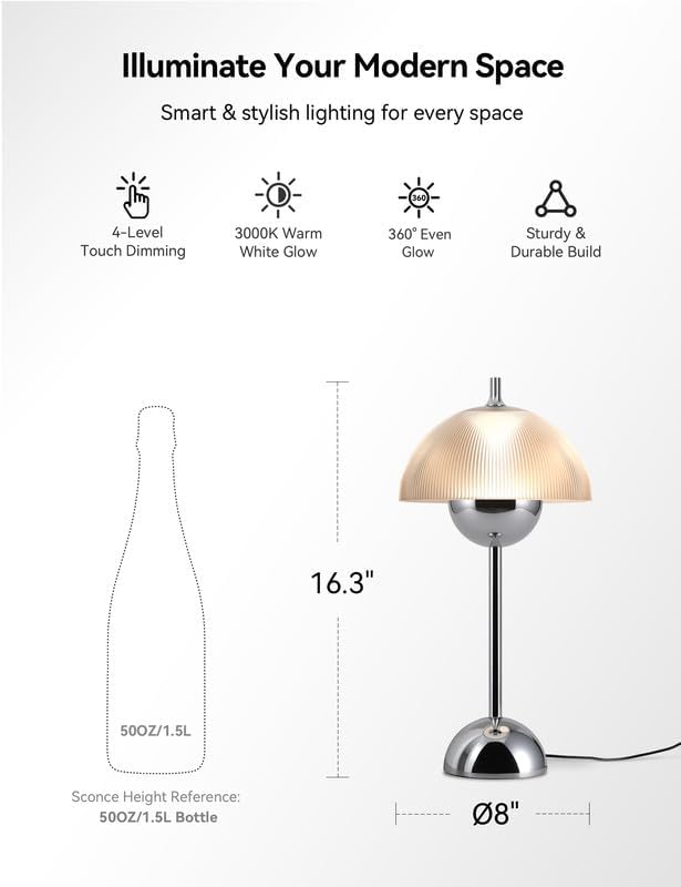 Tubicen Flowerpot Chrome Bedside Table Lamp Plug In Decor Transparent Striped Mushroom Table Lamp Memory Function Modern LED 4-Stage Touch Dimmable Desk Table Lamps for NightStands Bedroom Home Office