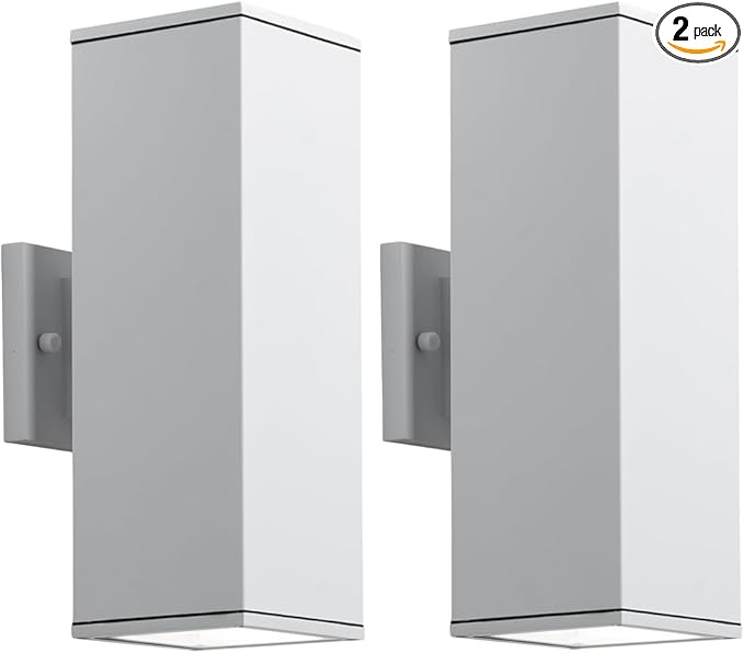mirrea 14" Modern Outdoor Porch Light Patio Light in 2 Lights with Aluminum Rectangular Tube and Tempered Glass Cover Waterproof Wall Sconce 2 Pack (Matte White)