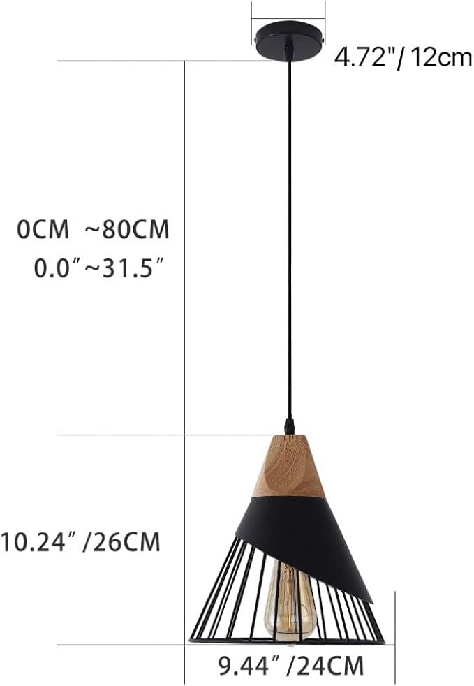 Black Farmhouse Wooden Pendant Light,Rustic Wood & Metal Pendant Lighting, Adjustable Height Hanging Ceiling Light Fixture for Kitchen Island Dining Room Bedroom Hallway