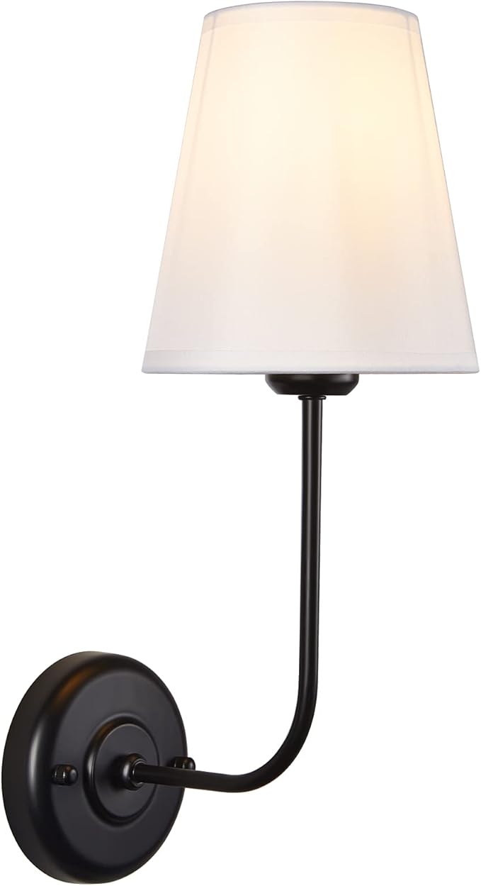 TERLEENART Hardwired Wall Sconce Set of 2 with Flared Shape White Textile Shade Curved Arm and Black Finish Metal Base,Perfect for Bedroom Living Room Bathroom Vanity Area