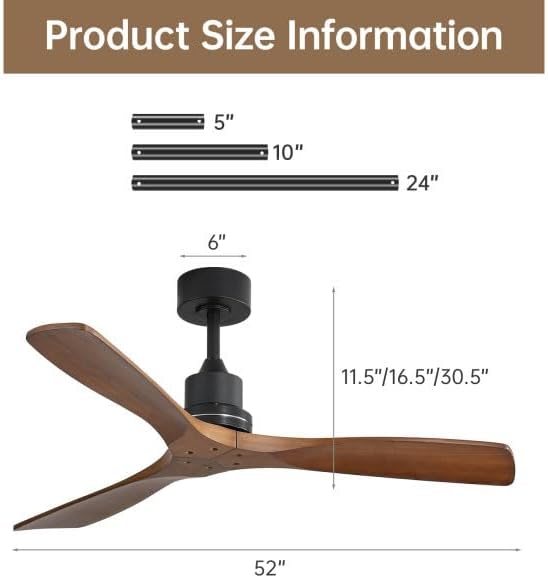 Wood 52 Inch Solid Wood Ceiling Fan without Light 3 Blades Ceiling Fan No Light with Remote, 6 Speeds with Reversible DC Motor for Living Room Bedroom Patio With Cover