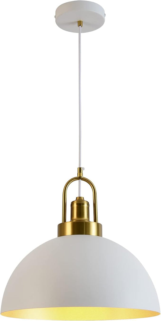 Vintage Industrial Pendant Light - 13.58'' Rustic White and Gold Farmhouse Dome Pendant Lighting, 78.74'' Length, for Kitchen, Dining, Bedroom, Living Room