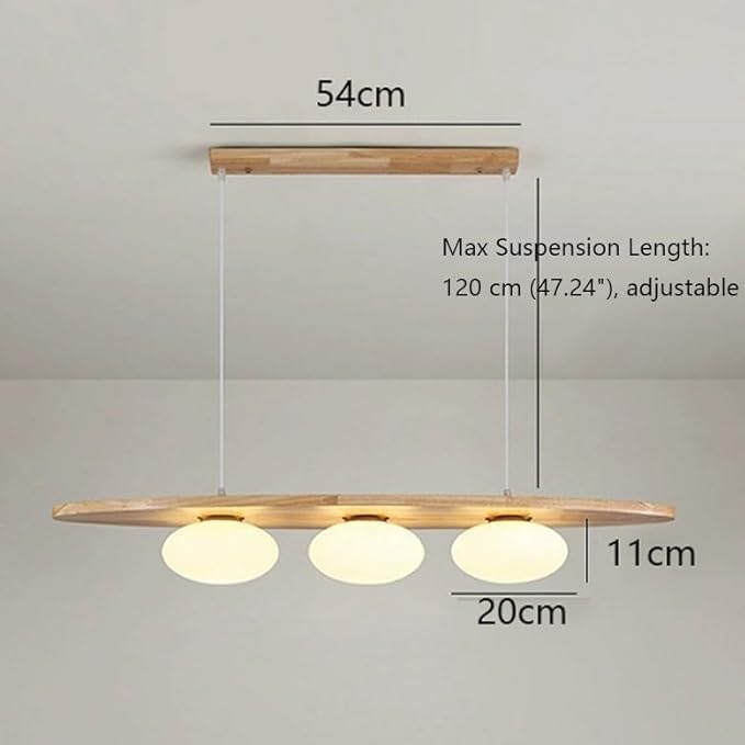 Scandinavian Modern Wood Pendant Light, 3-Light Linear Hanging Fixture with White Glass Globes for Dining Room Kitchen Island, Wood Finish, Adjustable(Wood Color)