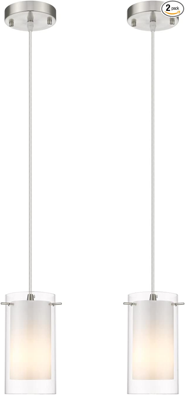 Modern Glass Pendant Light 2 Pack, Adjustable Hanging Pendant Lighting Kitchen Lights Island Dining Room Bathroom Bar, Brushed Nickel Finish