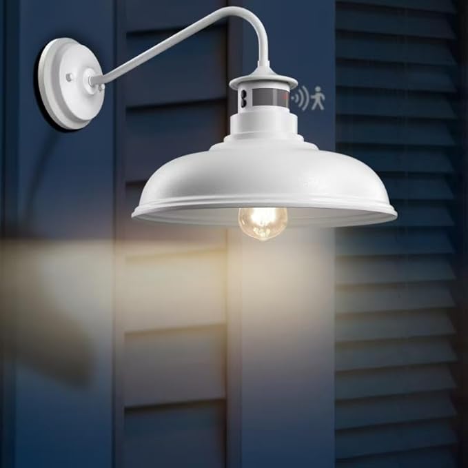 Set of 2 Gooseneck Outdoor Wall Lights Fixtures,Dusk to Dawn Motion Sensor Sconce Farmhouse Barn Lamp for Patio,3 Modes Dimmable Exterior Porch Light Wall Mount Lighting White with Rotary Dial Control