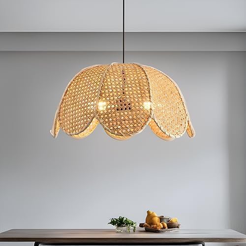 3-Light Rattan Pendant Light Fixtures,18.9" Boho Natural Rattan Hanging Lamp,Hand-Woven Flower Shaped Ceiling Chandelier for Dining Living Bedroom Kitchen Farmhouse