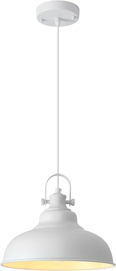 White Pendant Lights, 11.4 Inch White Dome Pendant Lights, Metal Pendant Light Fixture, Industrial Farmhouse Pendant Light 1 Pack, Island Pendant Lights for Kitchen, Dining Room, Bedroom