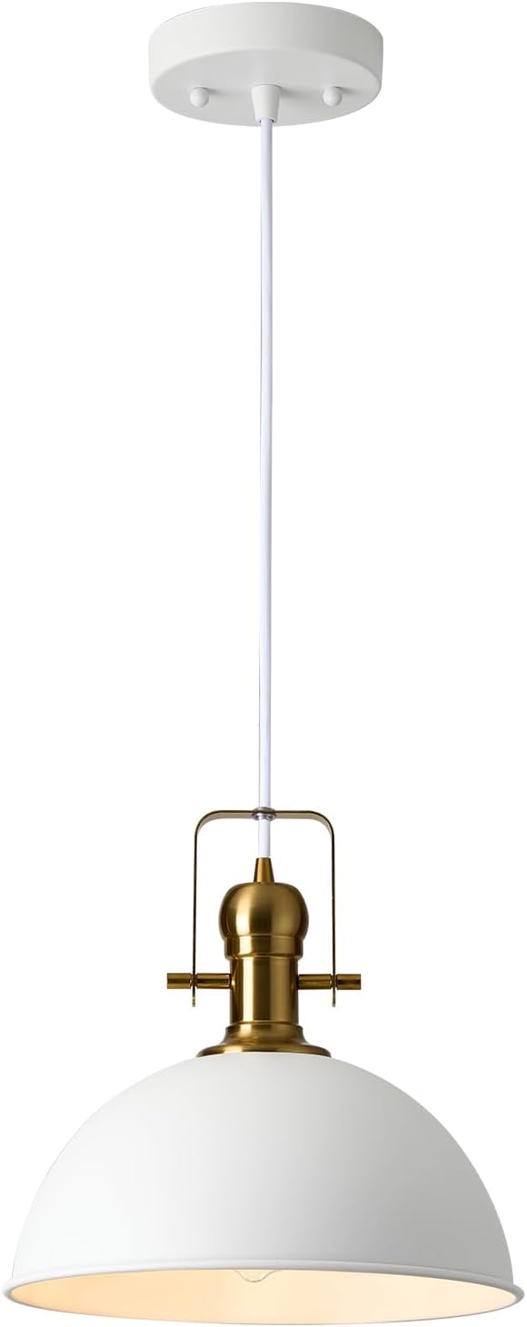 12 Inch Sandy White Farmhouse Pendant Lights for Kitchen Island Industrial Adjustable Height Vintage Dome Hanging Light Fixtures for Barn,Dining Room 1 Pack
