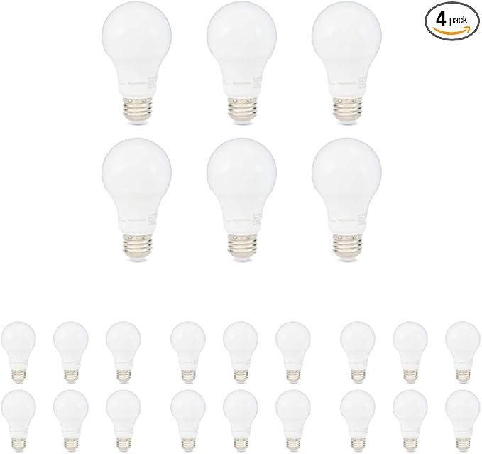 Amazon Basics LED Light Bulbs, Energy Efficient 6W, 40 Watt Equivalent, E26 Standard Base, 2700, Dimmable, 10,000 Hour, Soft White, 6 Count (Pack of 4)