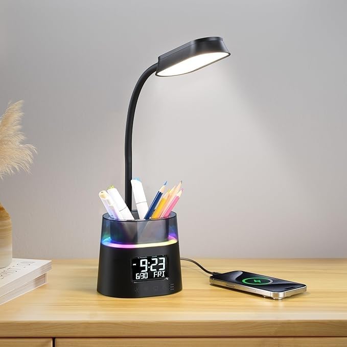 Led Desk Lamp for Home Office, Touch Table Lamp with Pen Holder, 3 Color Modes Stepless Dimmable Reading Light, Gooseneck Lamp for Dorm Room, Bedside Study Light with Clock for Kids, Girls, Boys