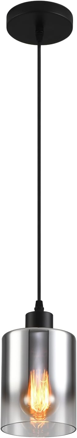 3-Pack Silver Gradient Industrial Pendant Lighting, Modern Black Glass Shade Farmhouse Adjustable Hanging Light Fixtures for Kitchen Island Living Room Bedroom Hallway