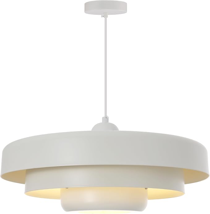 Large White Pendant Light, 17.7" Adjustable Mid Century Modern Chandelier with 3-Layer Shade for Kitchen Island, Dining Room, Retro Industrial Ceiling Fixture