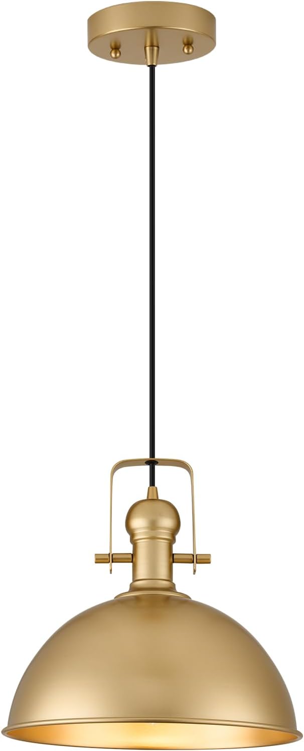12 Inch Gold Farmhouse Pendant Lights Matte Pendant Lights for Kitchen Island Industrial Adjustable Height Vintage Dome Hanging Light Fixtures for Barn, Dining Room 1 Pack