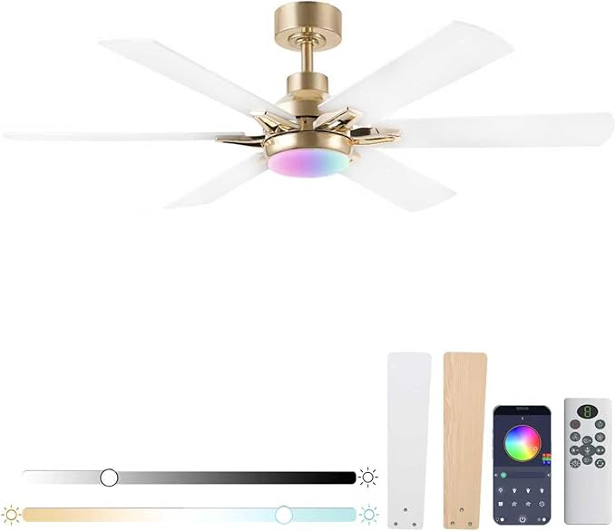52in Ceiling Fans with Lights RGB Ceiling Fan with Light and Remote/APP Control,Low Profile Ceiling Fans with Lights for Bedroom,Living Room,Kids Room,3CCT Dimmable Modern Ceiling Fan, 6 Speeds,white