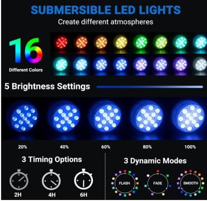 LOFTEK Submersible LED Lights with Remote, 13 LED Pool Lights for Inground Above Ground Pool with Magnets &Suction Cups,16 Color Changing Underwater Light for Ponds Battery Operated, 8 Pack