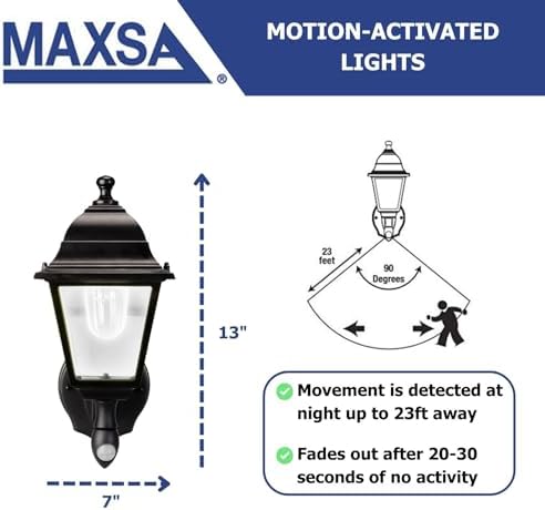 Maxsa 44219-RS Premium Wireless Battery-Powered Motion-Activated Decorative Outdoor Wall Sconce Lighting Fixture, Cool White LED, Metal Housing, Black