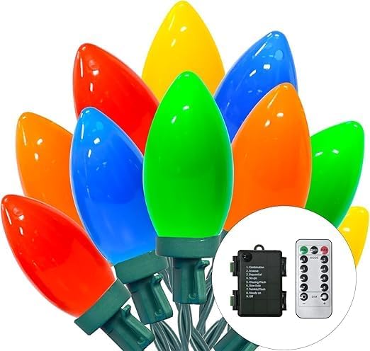 27.5FT C9 LED Christmas Lights Battery Operated Outdoor with 8 Mode Remote Control, 50 Twinkle Big Christmas Lights for Colored Xmas Tree Light & Home Garden Yard Lawn Decorations