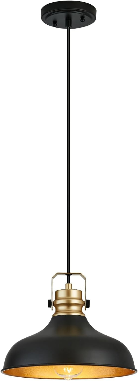 Black and Gold Farmhouse Pendant Lights Matte Pendant Lighting for Kitchen Island Industrial Adjustable Height Vintage Dome Hanging Light Fixtures for Barn, Dining Room 1 Pack