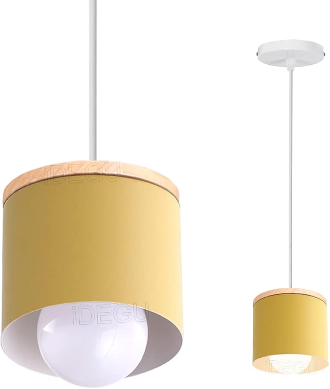 Scandinavian Style E27 Ceiling Light Fixture - Retro Wood and Iron Pendant Lamp for Bedroom, Dining Room, Kitchen - 12cm Black(# Amarillo)
