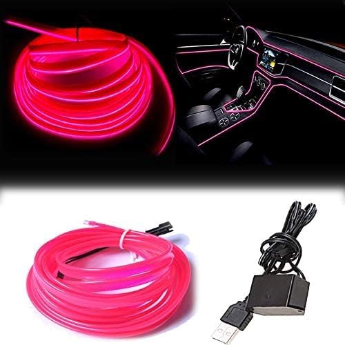 El Wire Pink Interior Car LED Strip Lights, 3M Neon Wire USB 5V with Fuse Protection for Automotive Interior Decoration, with 6mm Sewing Edge