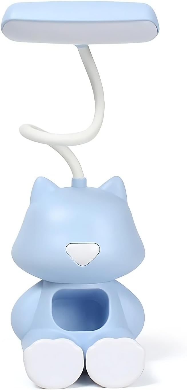 Cute Cat LED Desk Lamp with Phone Stand – Flexible Gooseneck, Rechargeable Battery, Small Organizer Compartment – Night Light for Kids' Rooms or Nursery (Blue)